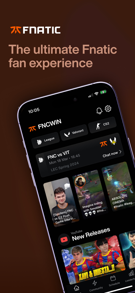La pantalla de inicio de la aplicación Fnatic con horarios de partidos y feed de noticias para fans de esports