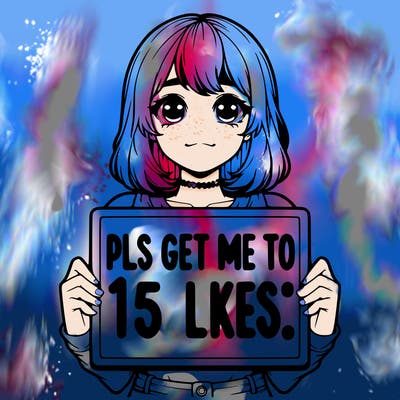 realistic girl holding up a sign that says “pls get me to 15 likes!”