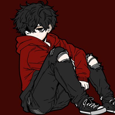 a male hoddie ripped jeans messy hair anime