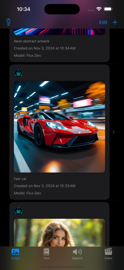 Interfaz de la aplicación Genesis AI que muestra una galería de imágenes generadas con el modelo Flux, incluyendo un coche deportivo rojo y arte abstracto de neón