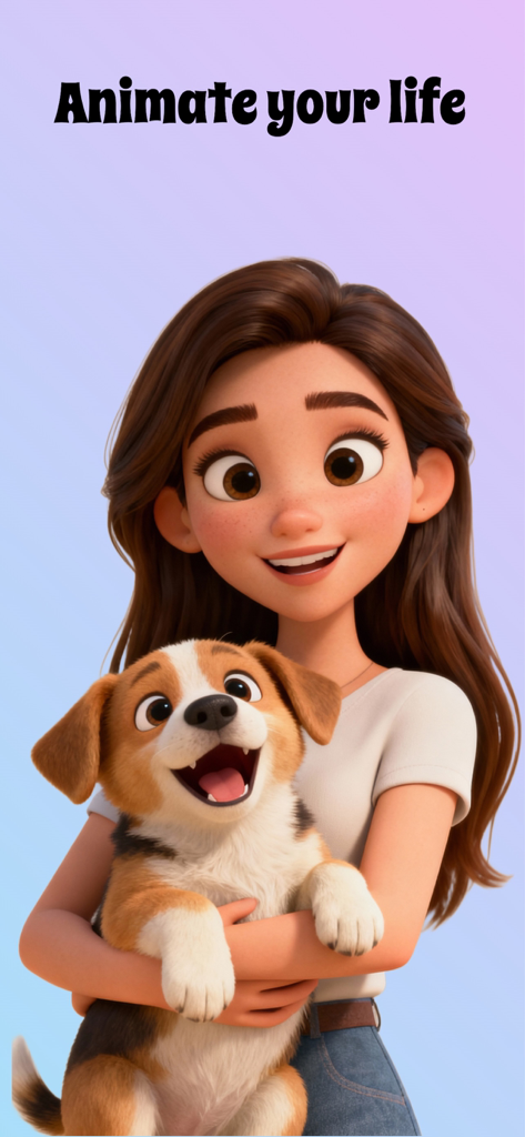 Taffy - animate your life - Uma ilustração 3D de desenho animado de uma garota sorridente segurando um filhote feliz com o texto Anime sua vida