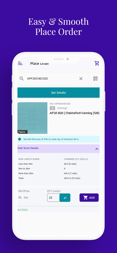 Home Decor My Awaaz - Interface of the Home Decor My Awaaz app showing the place order screen for Asian Paints dealers with fabric product details and stock availability.