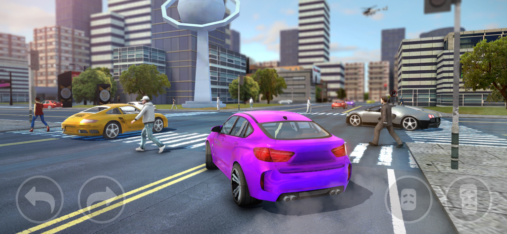 A purple sports car driving through a busy city street in Mad City Crime Big Open World