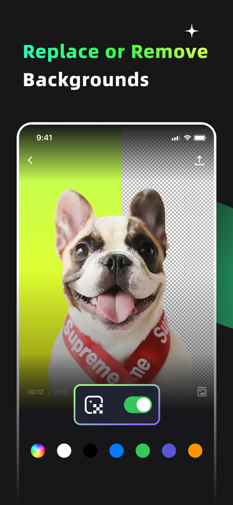 Interface of GIF Maker and Editor Pro app showing the AI background removal feature on a French Bulldog photo