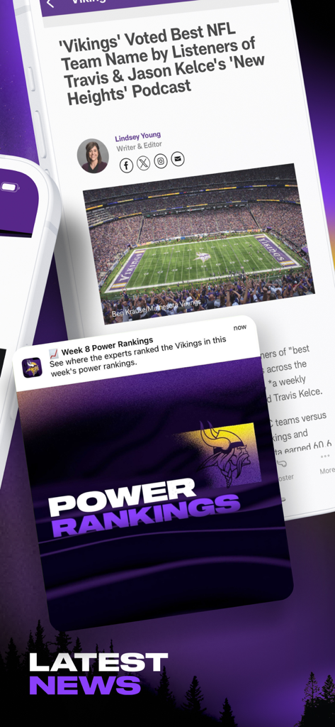 Minnesota Vikings - Interface of the Minnesota Vikings app showing latest team news and a power rankings notification
