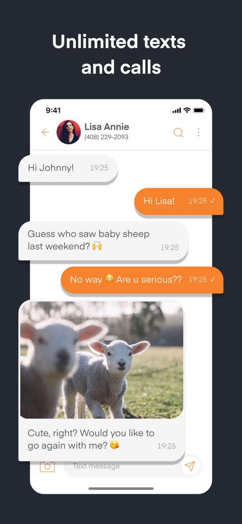 Phoner app interface showing a text conversation with images and unlimited messaging