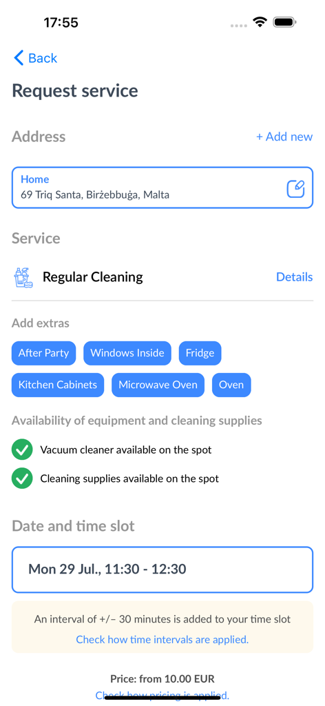 Request service screen in the Rozie app showing address selection, cleaning extras, and scheduling