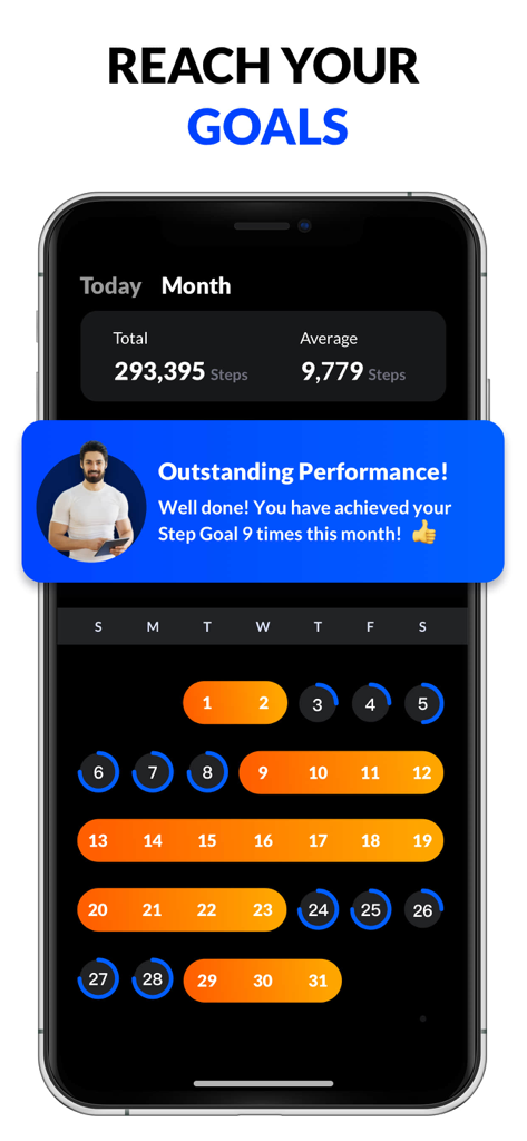 Pedometer app monthly progress screen showing total steps and daily goal achievement calendar