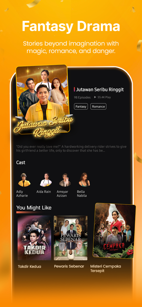 Interface of the Do Drama app featuring a fantasy short drama series with cast and recommendations
