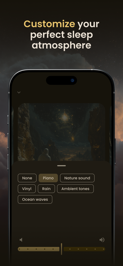 Ayatique: Quran Stories - Schermata dell'app Ayatique che mostra opzioni per personalizzare l'atmosfera del sonno con suoni ambientali come pianoforte, pioggia e onde dell'oceano.