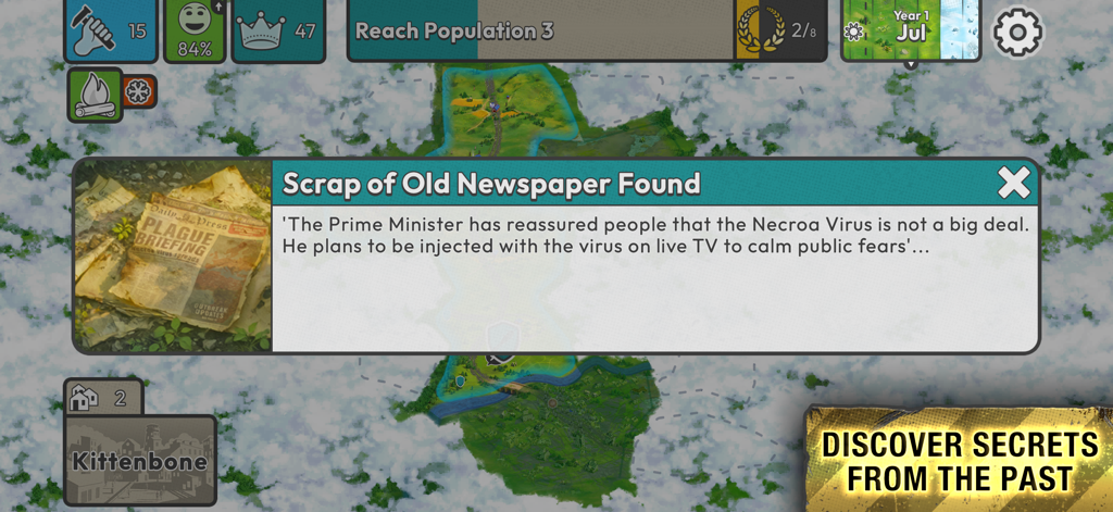 After Inc. - A gameplay screenshot of After Inc showing a found newspaper scrap with narrative lore about the Necroa Virus.