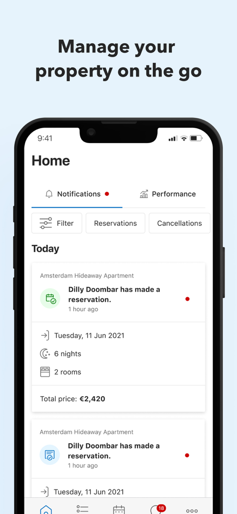 Pulse for Booking.com Partners - Pulse app home screen displaying property reservation details and notifications.