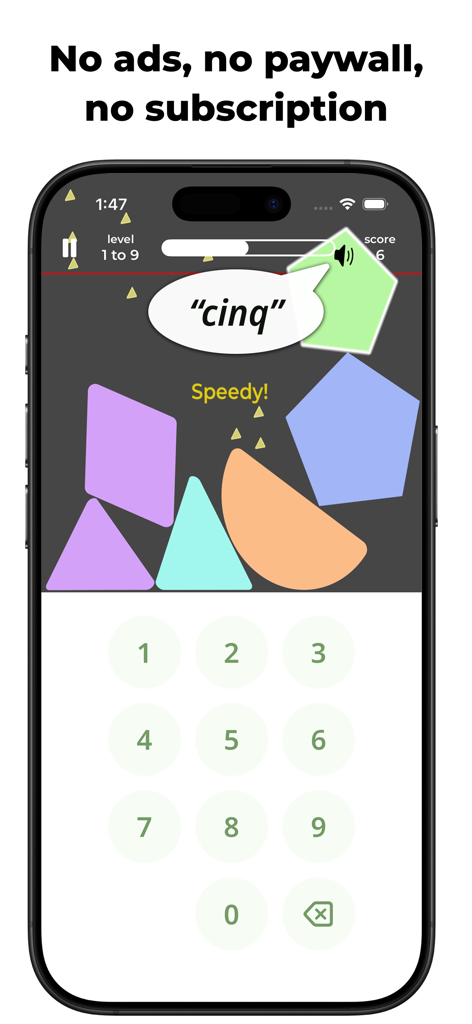 Languish: French Numbers - Pantalla de juego de la aplicación Languish mostrando un teclado numérico y una indicación de audio en francés para el número cinco.
