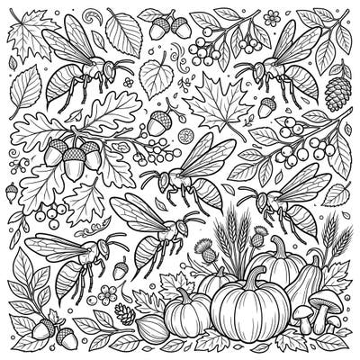 Explore the fascinating world of wasps set against a rich autumn backdrop in this detailed coloring page. Discover intricate outlines of fall leaves, pumpkins, and berries, offering hours of engaging creative fun.