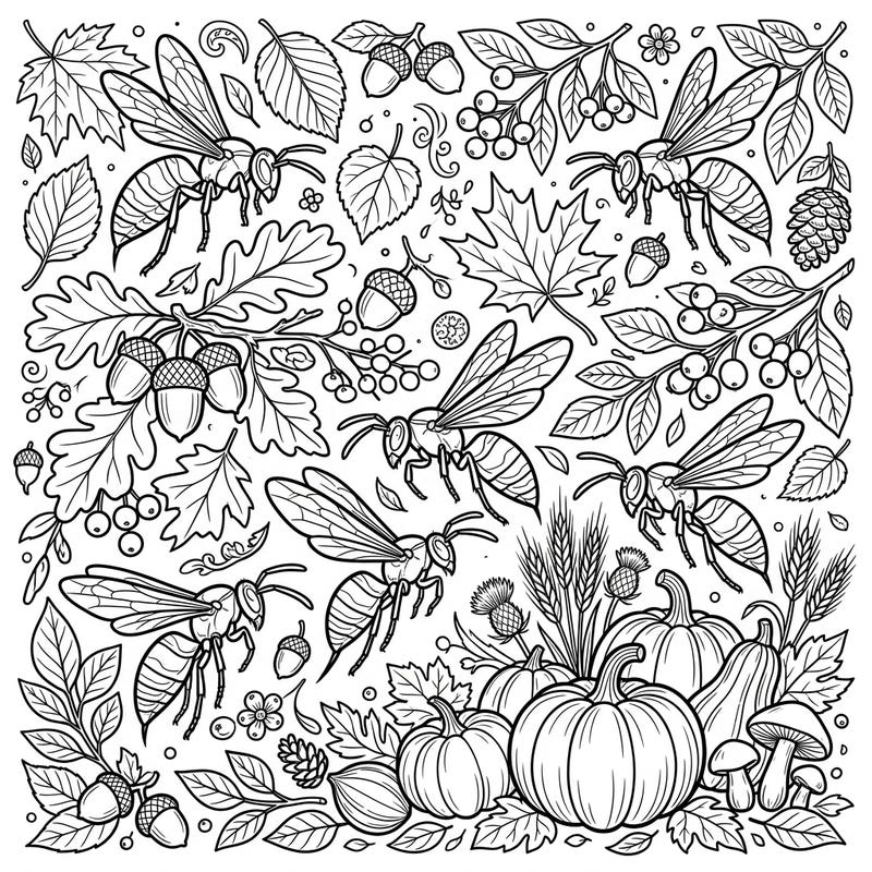 Explore the fascinating world of wasps set against a rich autumn backdrop in this detailed coloring page. Discover intricate outlines of fall leaves, pumpkins, and berries, offering hours of engaging creative fun.