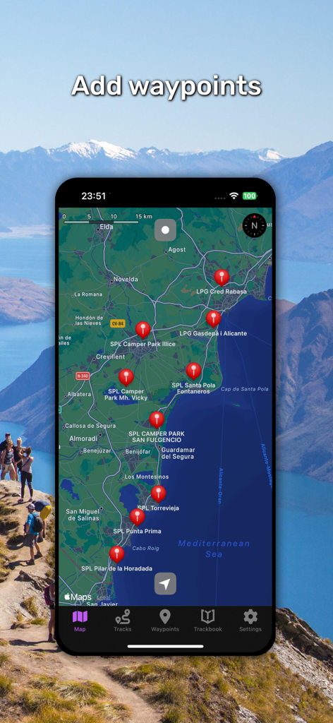 GPX Viewer PRO - Um smartphone exibindo o aplicativo GPX Viewer PRO com vários waypoints vermelhos em um mapa costeiro.
