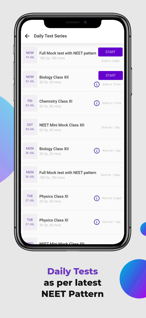 Darwin NEET Prep app showing the daily test series screen with mock tests for biology physics and chemistry
