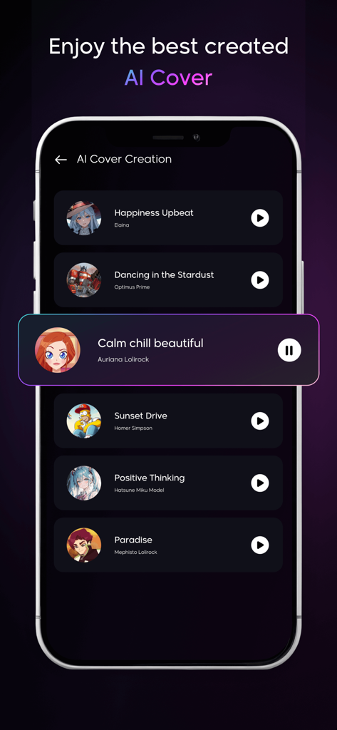 AI Cover Songs : Music AI - さまざまなキャラクターボイスをフィーチャーしたAI生成音楽カバーのリストを表示するモバイルアプリインターフェース。