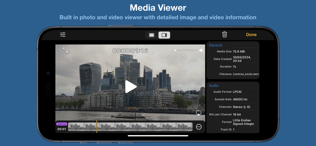 Cinema P3 Pro Camera - Cinema P3 Pro Camera app media viewer displaying technical video and audio metadata on an iPhone.