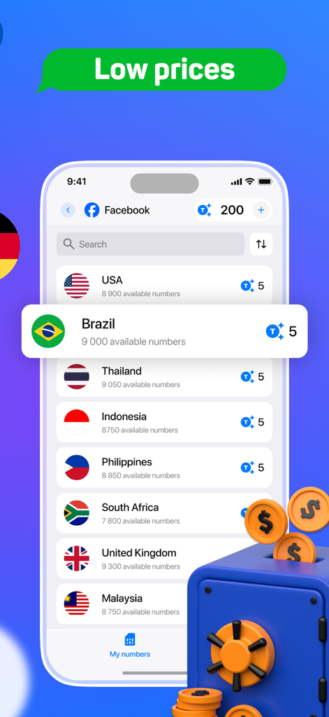 SMS activate | Virtual SIM - Mobile app interface showing a list of countries and low token prices for virtual phone numbers for Facebook verification.