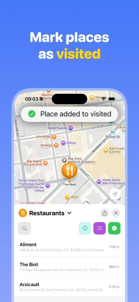 Map markers: Places - Smartphone screen showing a map with a restaurant marker and the text Mark places as visited.