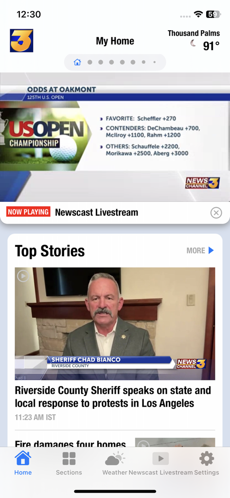 KESQ Palm Springs News app home screen showing local news stories and Thousand Palms weather