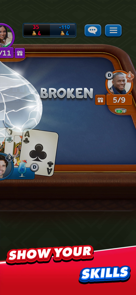 Gameplay screenshot of Spades Plus showing an online card match with player avatars and the text Show Your Skills.