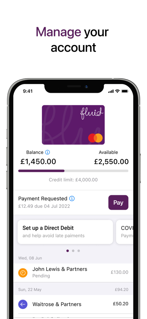Fluid card app dashboard showing account balance available credit limit and recent transactions