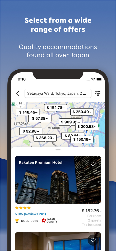 Rakuten Travel: Hotel Booking - Visão de mapa do aplicativo Rakuten Travel mostrando etiquetas de preço de hotéis e um hotel premium em destaque em Tóquio, Japão