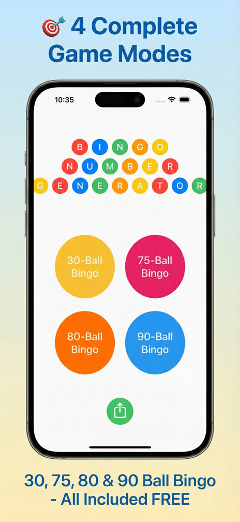 Bingo Number Caller - Bingo Number Caller app interface showing options for 30 75 80 and 90 ball bingo game modes