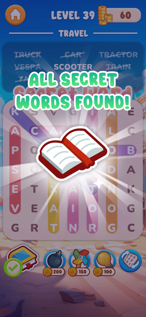 Gameplay screen of Word Search - English showing a completed travel-themed puzzle with the message All Secret Words Found.