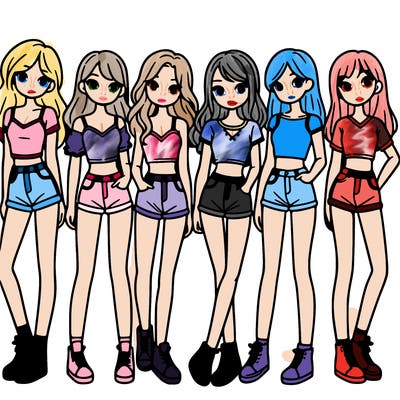 a group of girls wearing crop tops and shorts