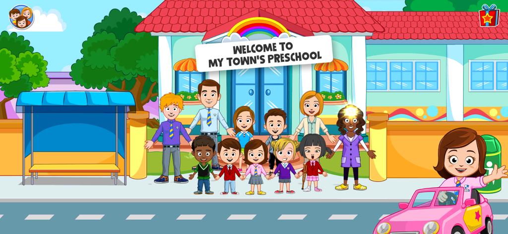 A group of kids and teachers standing in front of the My Town Preschool building