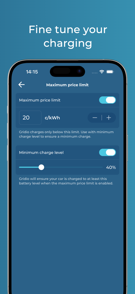 Gridio mobile app screen showing options to set a maximum electricity price limit and minimum charge level for electric vehicles