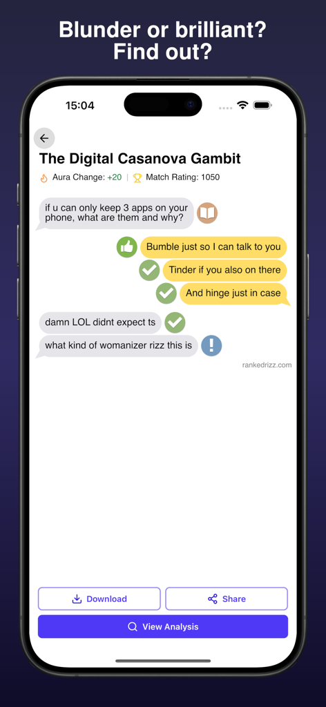 Ranked Rizz - Tela de smartphone mostrando o aplicativo Ranked Rizz analisando um chat de namoro com pontuações de aura e classificações de jogadas no estilo de xadrez