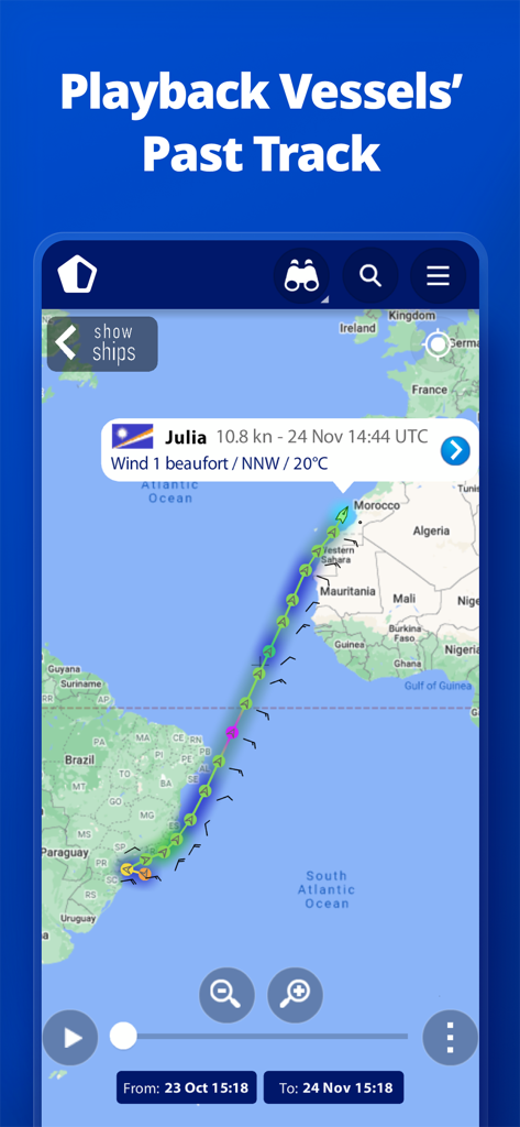 MarineTraffic - Ship Tracking - Interface showing the historical playback of a vessel route across the Atlantic Ocean on a map