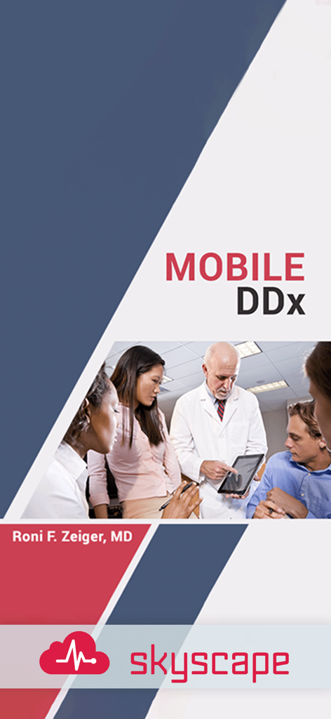 Pantalla de inicio de la Herramienta de Bolsillo MobileDDx DDx mostrando profesionales médicos colaborando con una tablet.