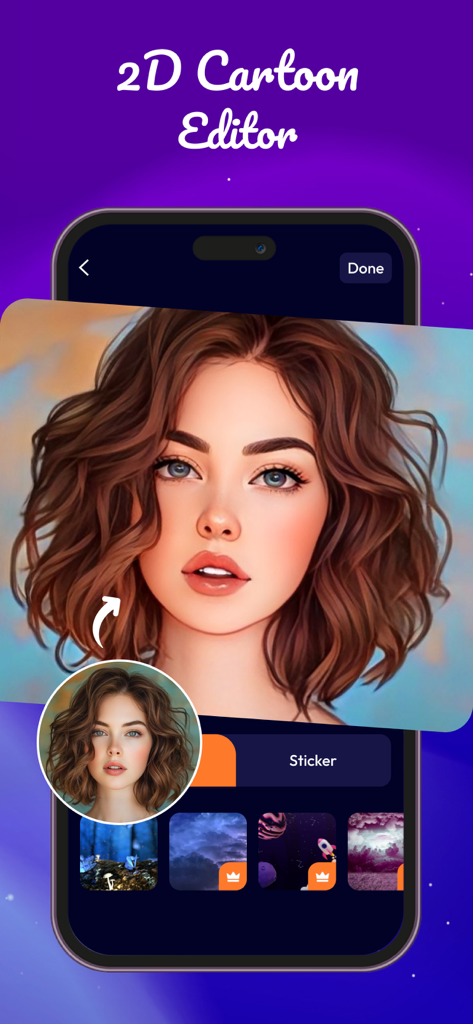 AI Anime Photo Effect - 女性のポートレートに2Dカートゥーンフィルターが適用された様子を示すAIアニメ写真加工アプリのインターフェース