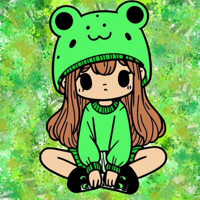 a girl wearing a frog hat and some frog socks