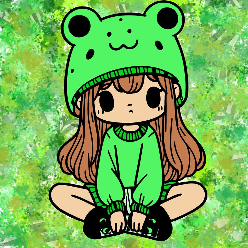 a girl wearing a frog hat and some frog socks