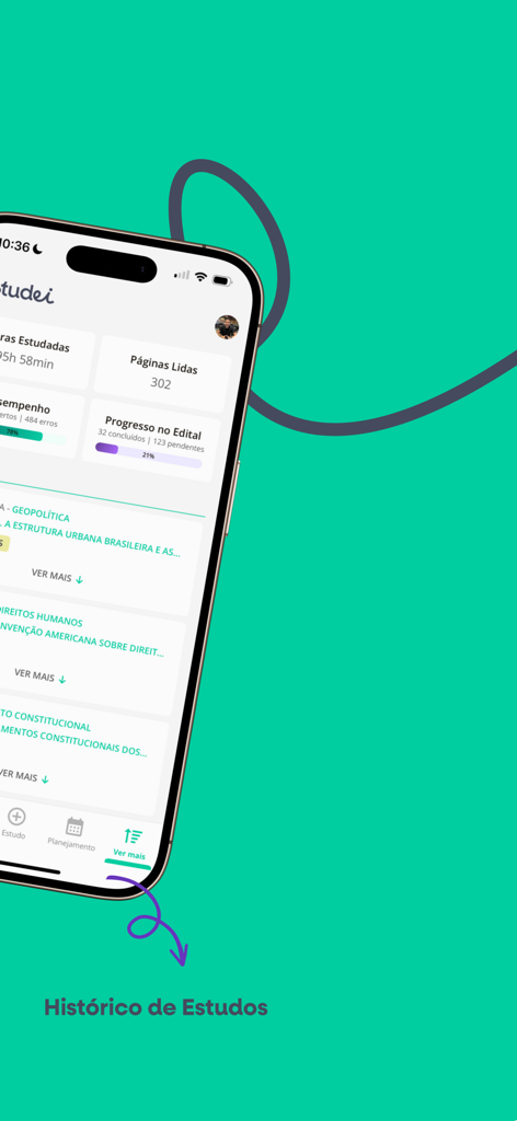Panel móvil de la aplicación Estudei que rastrea las horas de estudio y el progreso del temario.