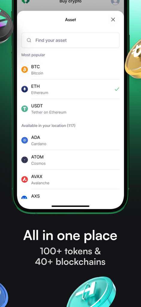 Ramp Network mobile app screen showing a search bar and a list of popular cryptocurrencies like Bitcoin, Ethereum, and Tether.