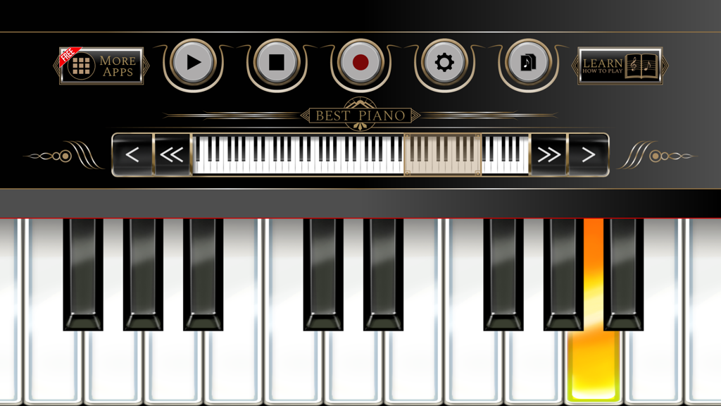 The Best Piano - Interface de teclado de piano virtual com botões de aprendizado e gravação