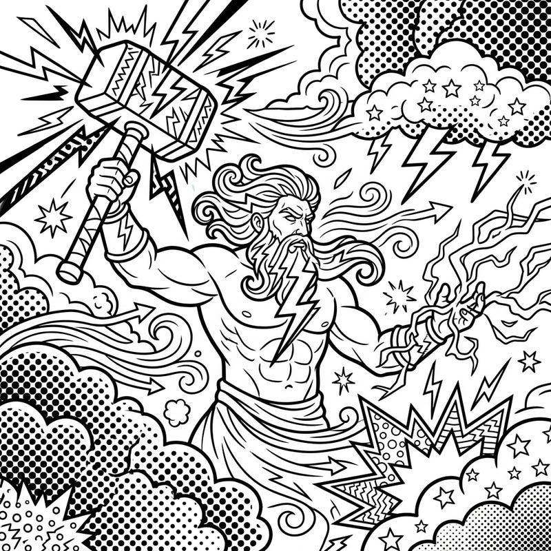 Dive into a world of mythological power with this thrilling Storm Giant Pop Art coloring page. Experience the iconic comic book aesthetic as you bring this electrifying scene to life.