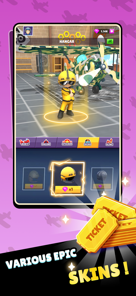 Merge Plane: Air Race! - Un personaje piloto en un hangar que muestra varias skins épicas y opciones de personalización.