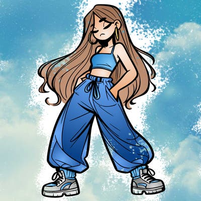 girl in baggy pants crop top and long hair