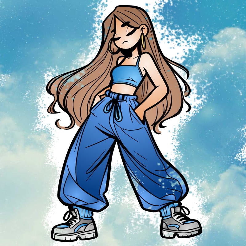 girl in baggy pants crop top and long hair
