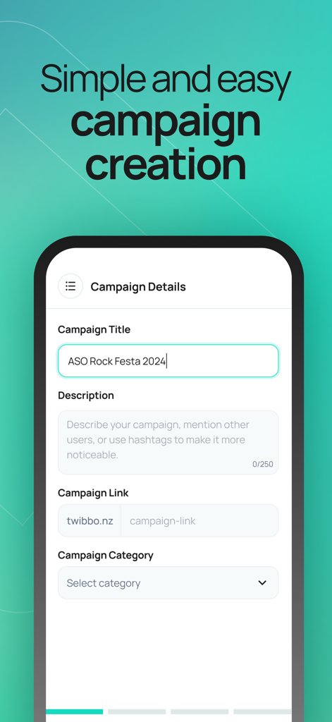 Una interfaz móvil de la aplicación Twibbonize mostrando el formulario de detalles de la campaña con un campo de título para ASO Rock Festa 2024