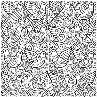 Celebrate love and diversity with this intricate Bird Tessellations coloring page, specially designed for Pride Month. Discover a world of interlocked doves, hearts, and peace signs, ready for your most vibrant colors.