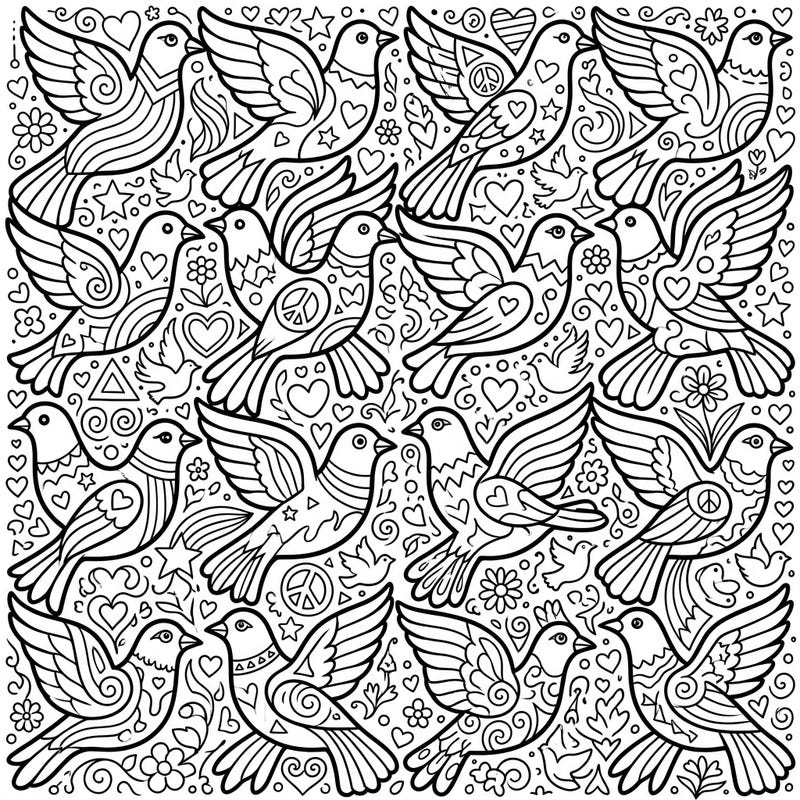 Celebrate love and diversity with this intricate Bird Tessellations coloring page, specially designed for Pride Month. Discover a world of interlocked doves, hearts, and peace signs, ready for your most vibrant colors.
